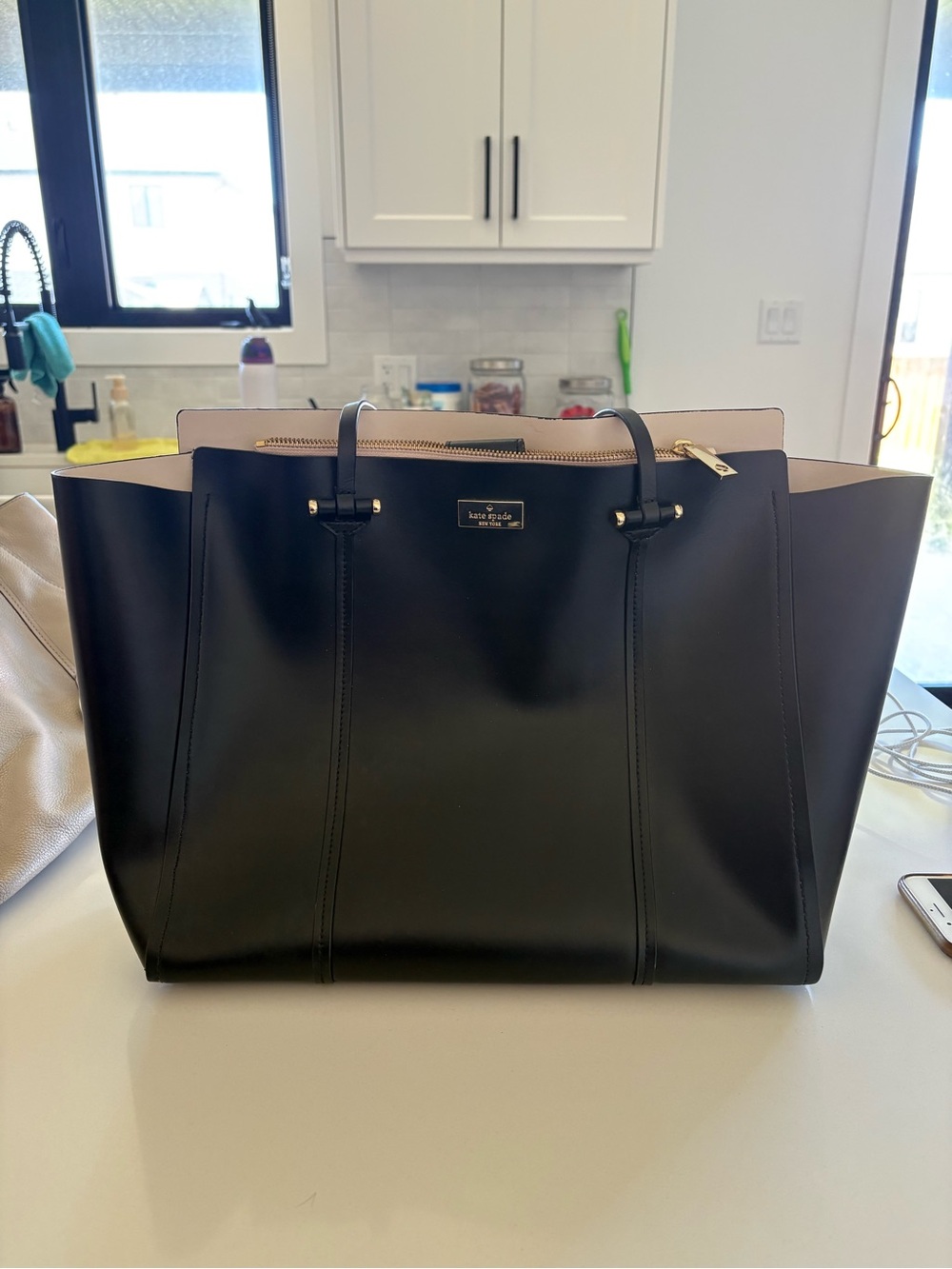kate spade Black Leather Tote with Blush Trim
